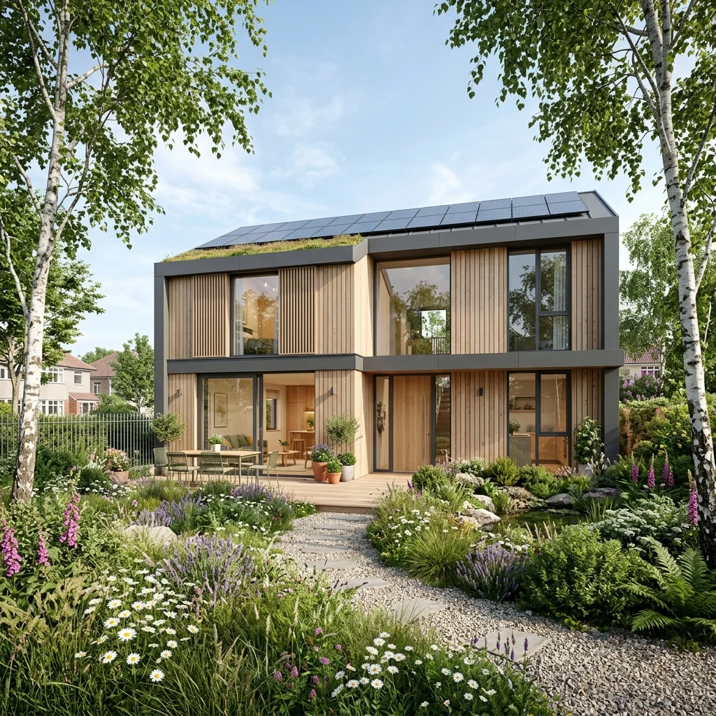 Modern eco-friendly residential passive house with solar panels and timber cladding in Bristol