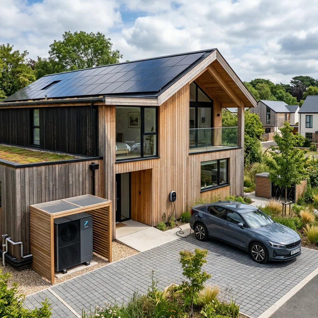 Detail of an eco-home in Bristol featuring integrated solar PV panels, an air-source heat pump, and an EV smart charger