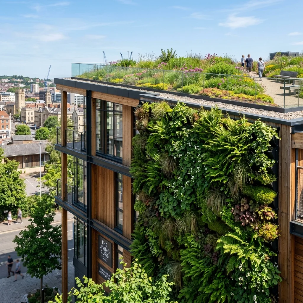Close-up detailing of a lush living wall vertical garden and green roof on a modern building in Bristol