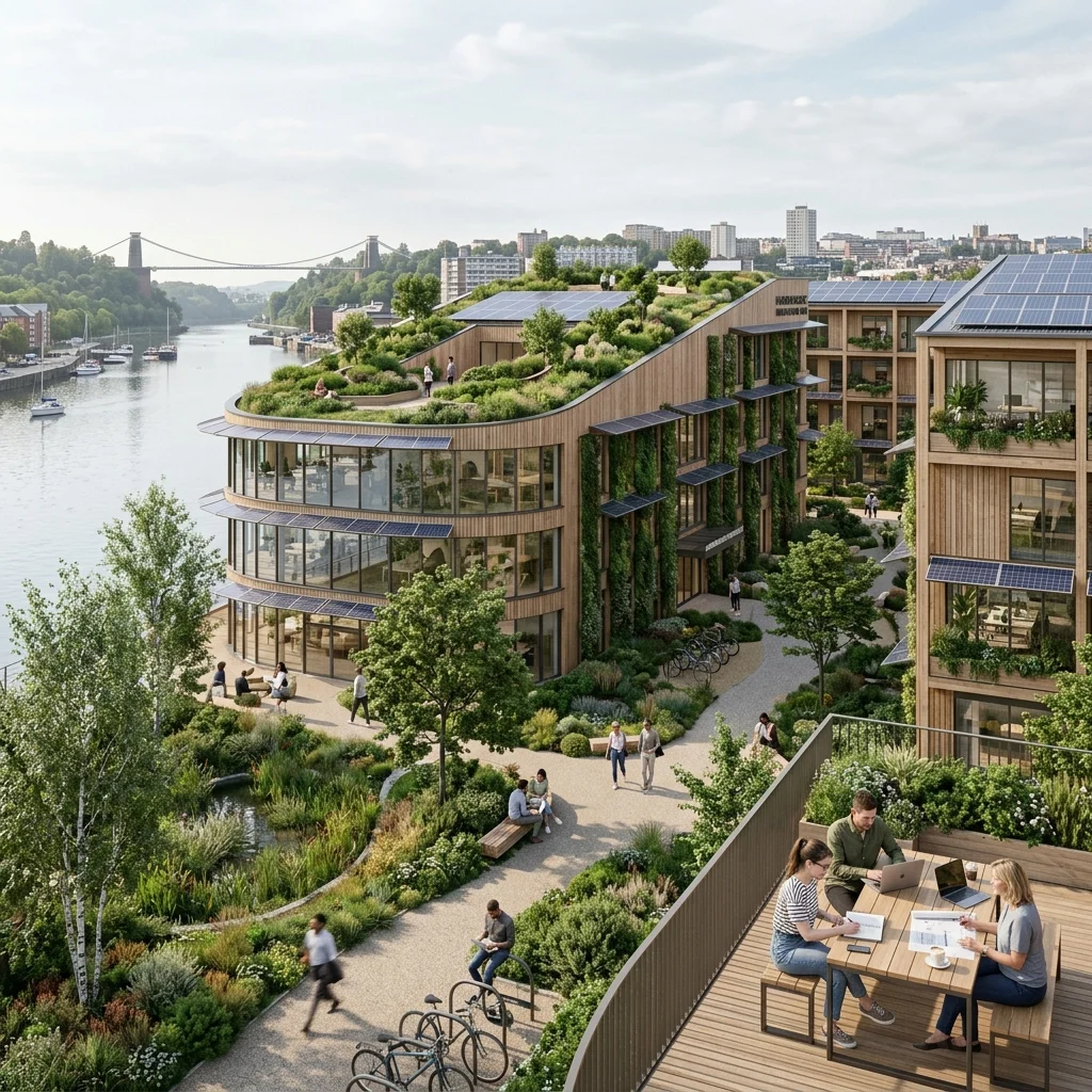 Sustainable net-zero building visualisation in Bristol featuring solar panels and green roofs