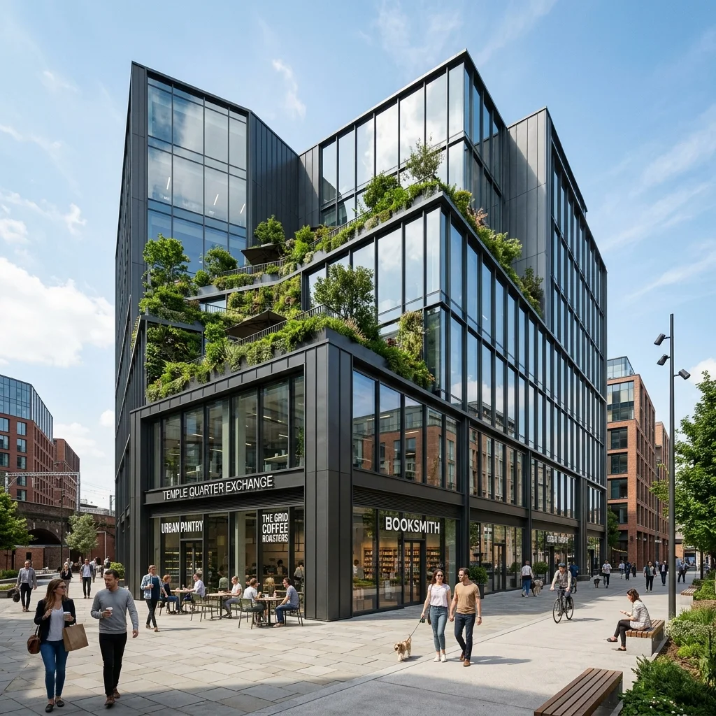Sleek contemporary commercial office building facade in Temple Quarter, Bristol