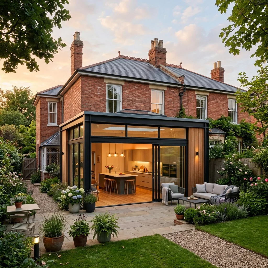 Modern glass and timber rear extension on a Victorian Bristol house