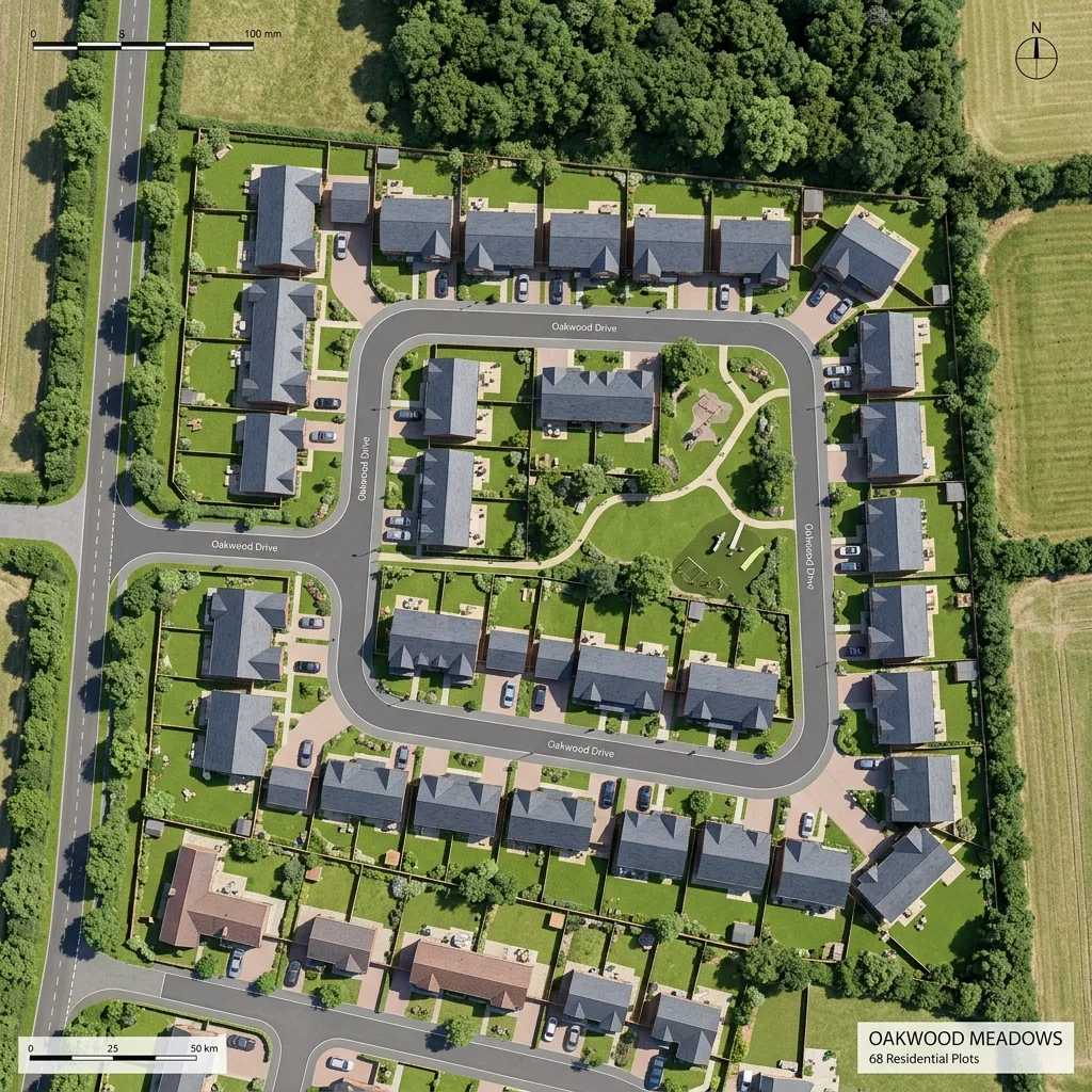 Bird's-eye aerial CGI of a residential masterplan by VisuArchitect
