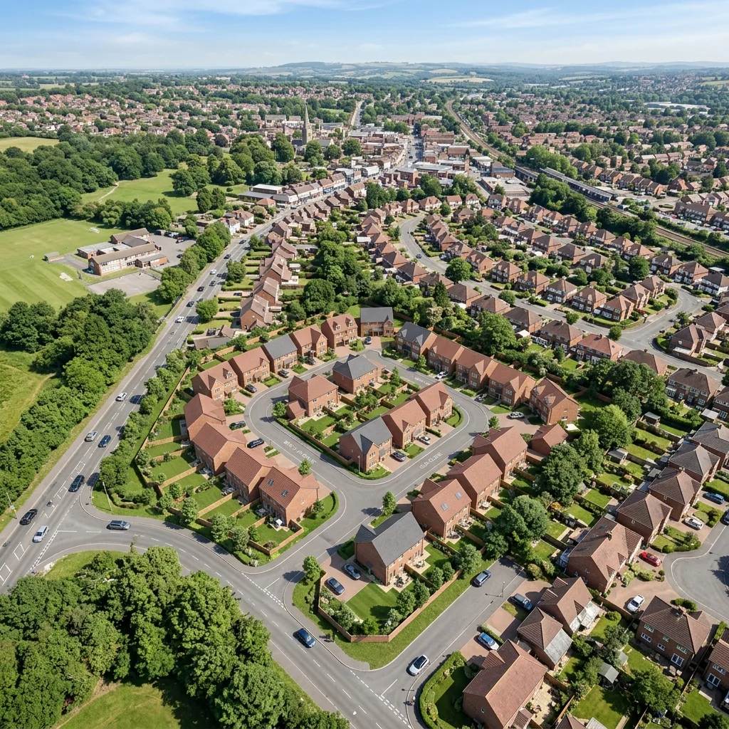 Aerial CGI showing a development in its real suburban site context by VisuArchitect