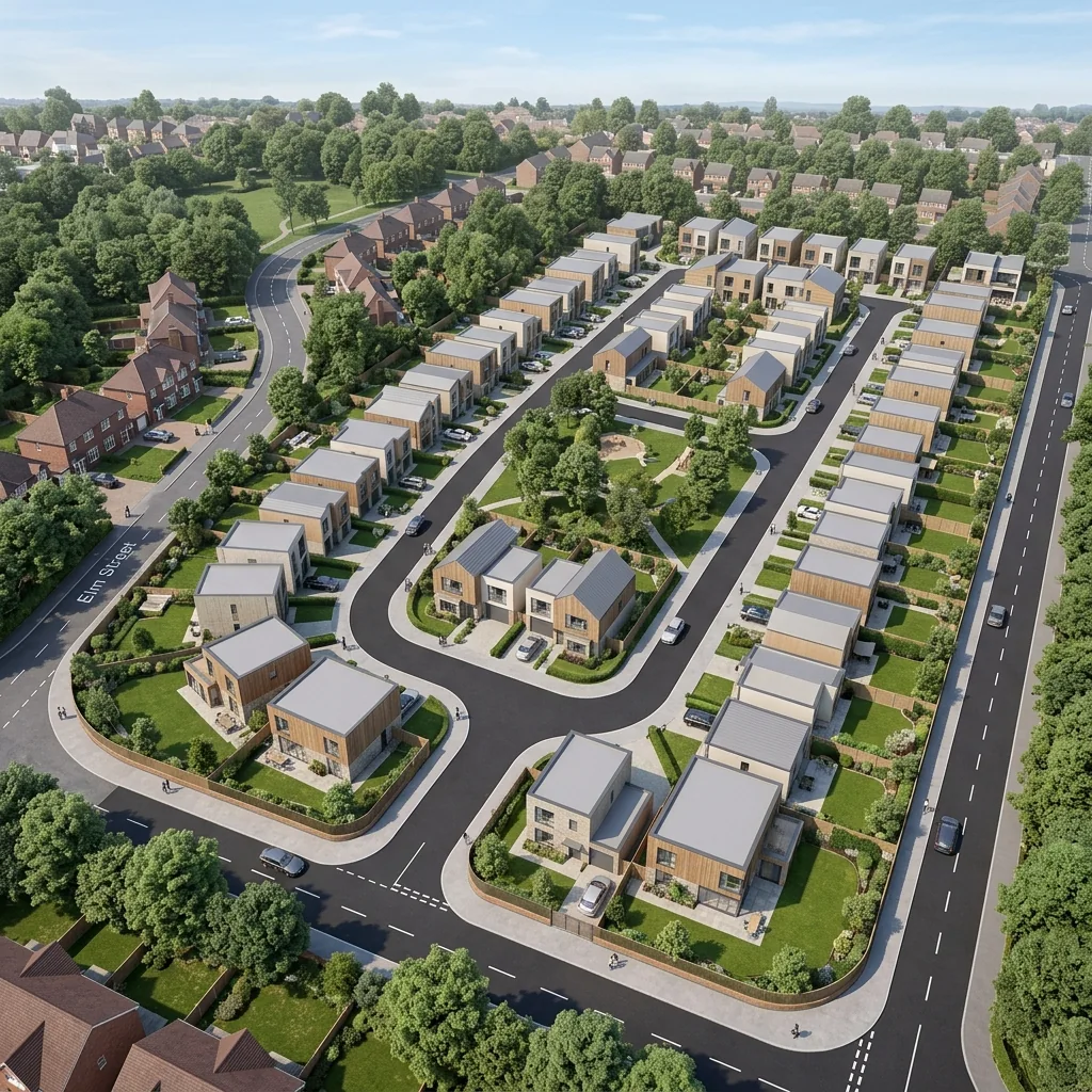 Elevated high-angle aerial CGI of a development by VisuArchitect