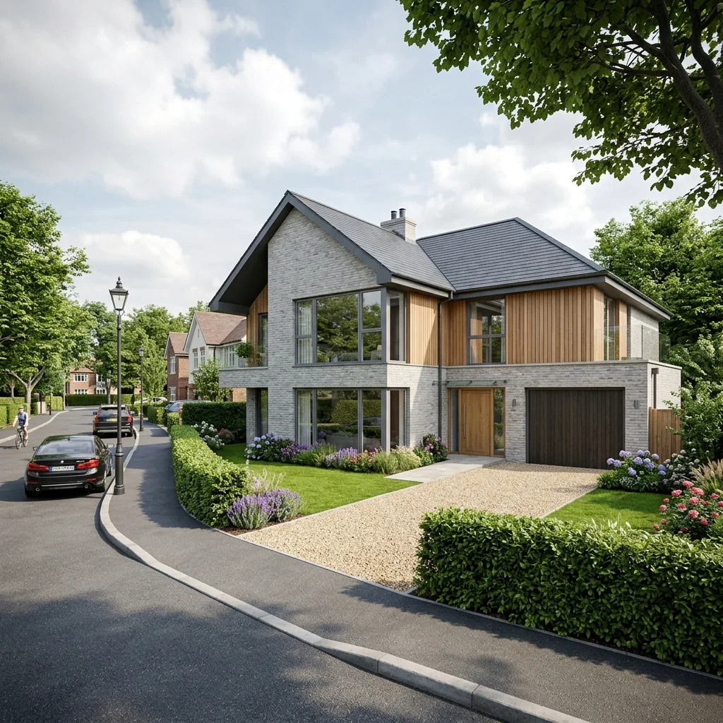 Eye-level street CGI of a contemporary UK house by VisuArchitect