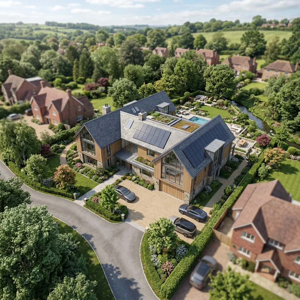 Aerial CGI of a housing development massing and built form by VisuArchitect