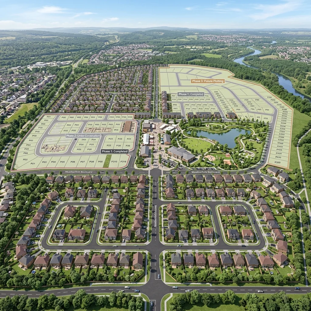 Aerial CGI of a residential masterplan layout and phasing by VisuArchitect