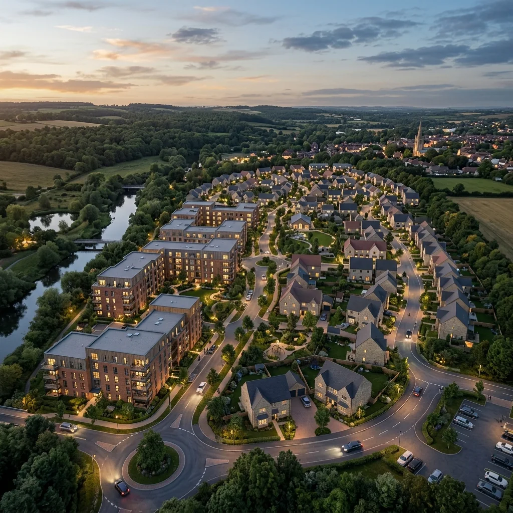 Dusk aerial CGI of a residential development for marketing and sales by VisuArchitect