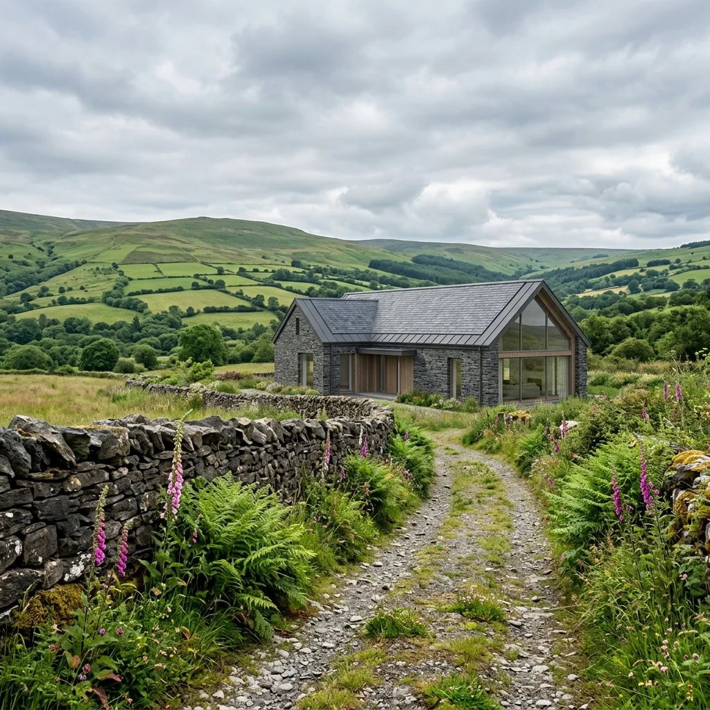 Welsh stone and timber barn integrated into a valley landscape