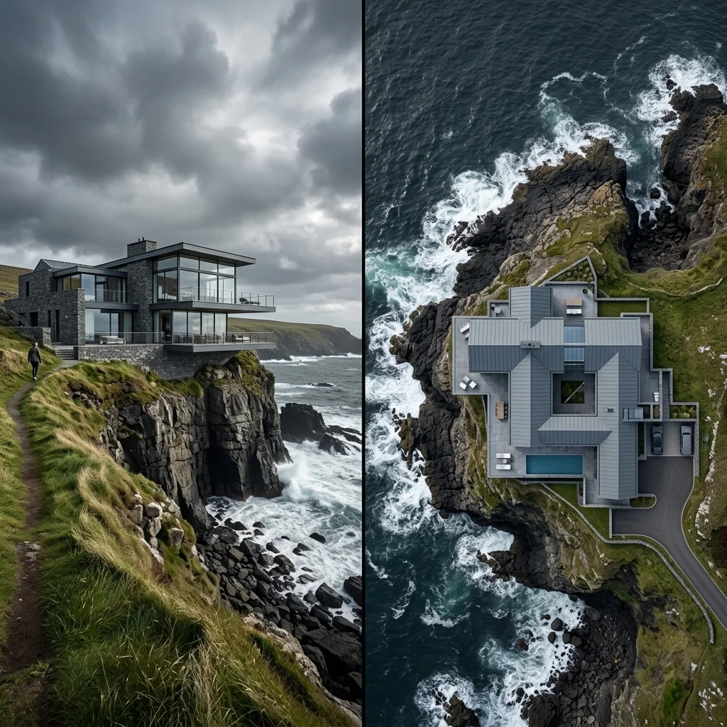 Split-screen eye-level and aerial view of a cliffside house in Northern Ireland