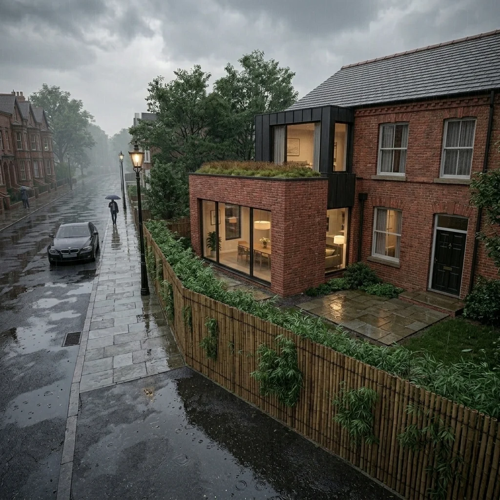 Rainy high-angle Chester scene over a tall privacy fence