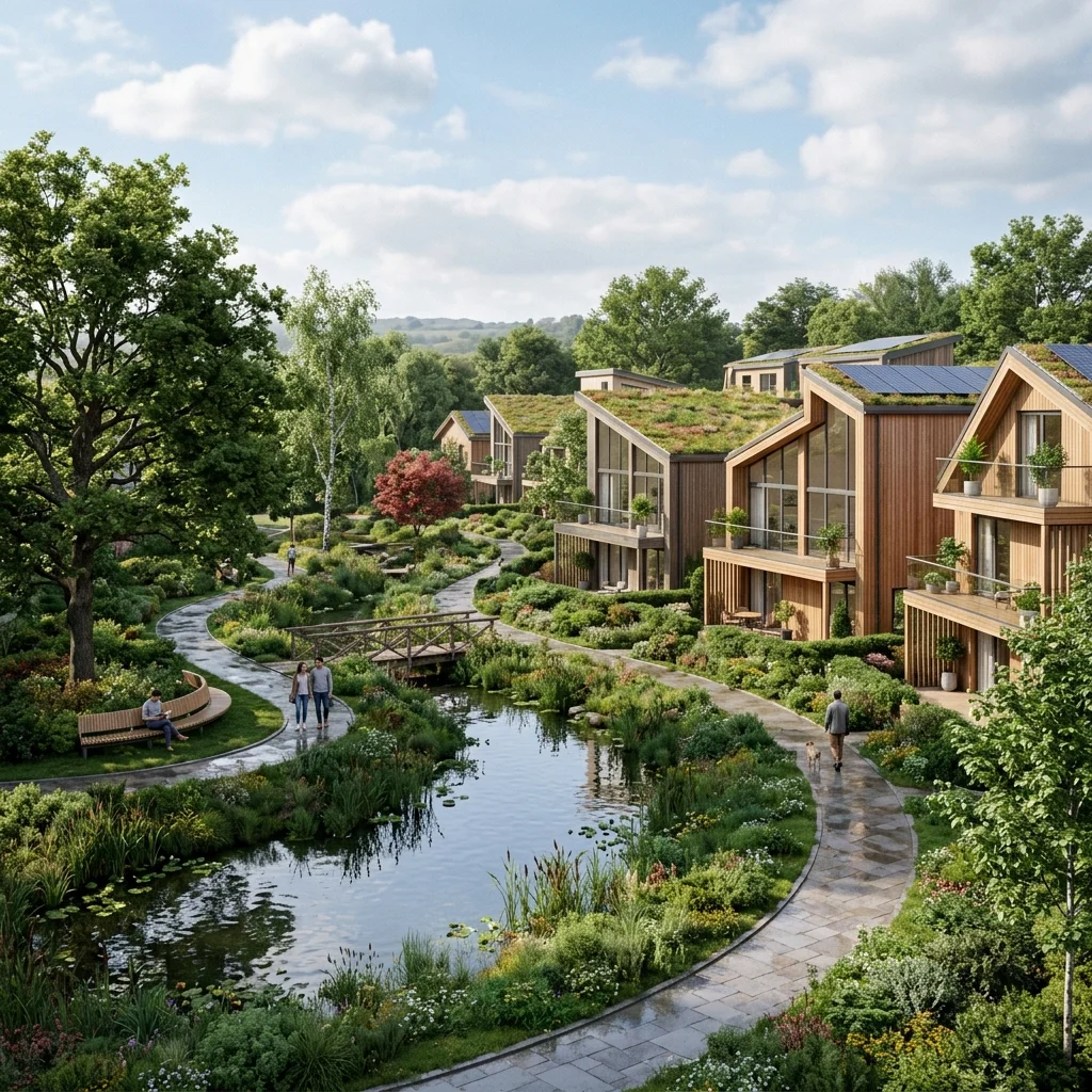 Sustainable residential development integrated with public parkland, a pond and stone paths