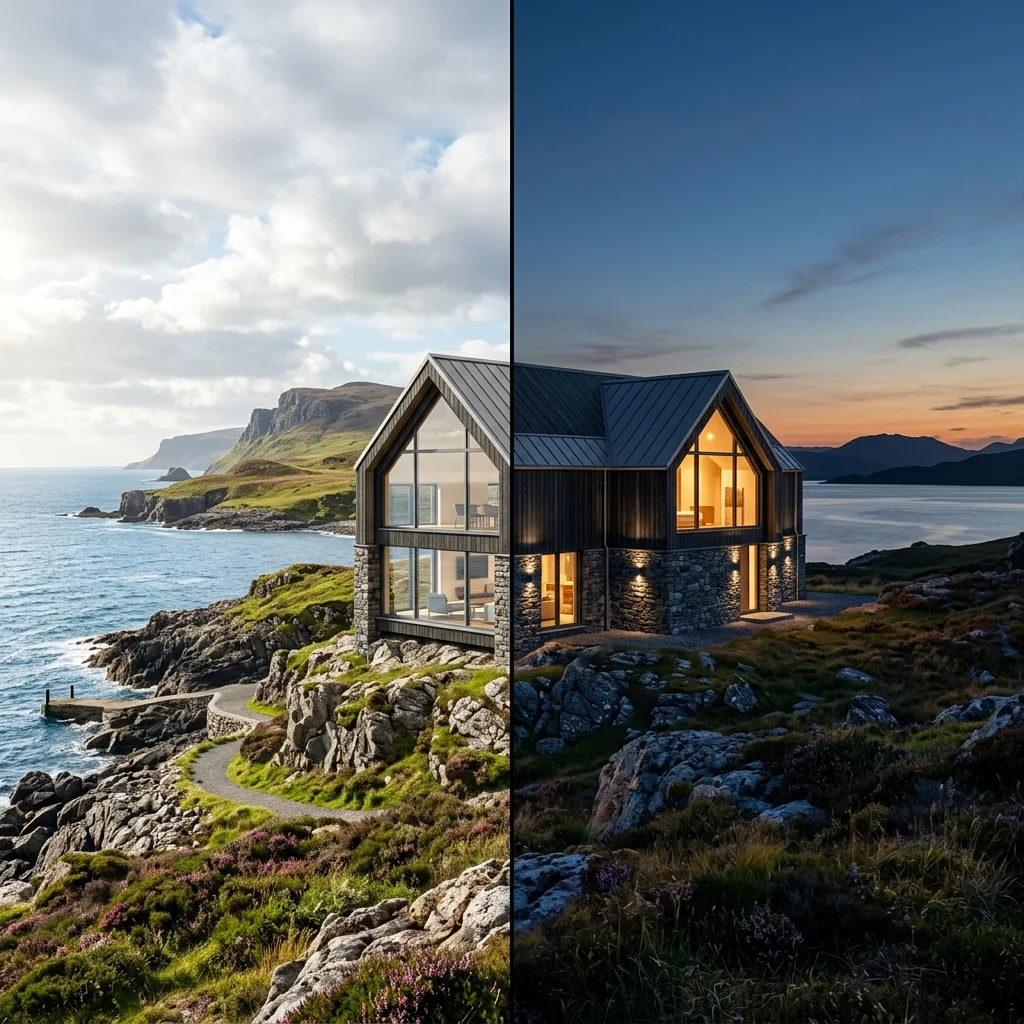 Day to dusk view of a modern stone house on a rugged Scottish island coast