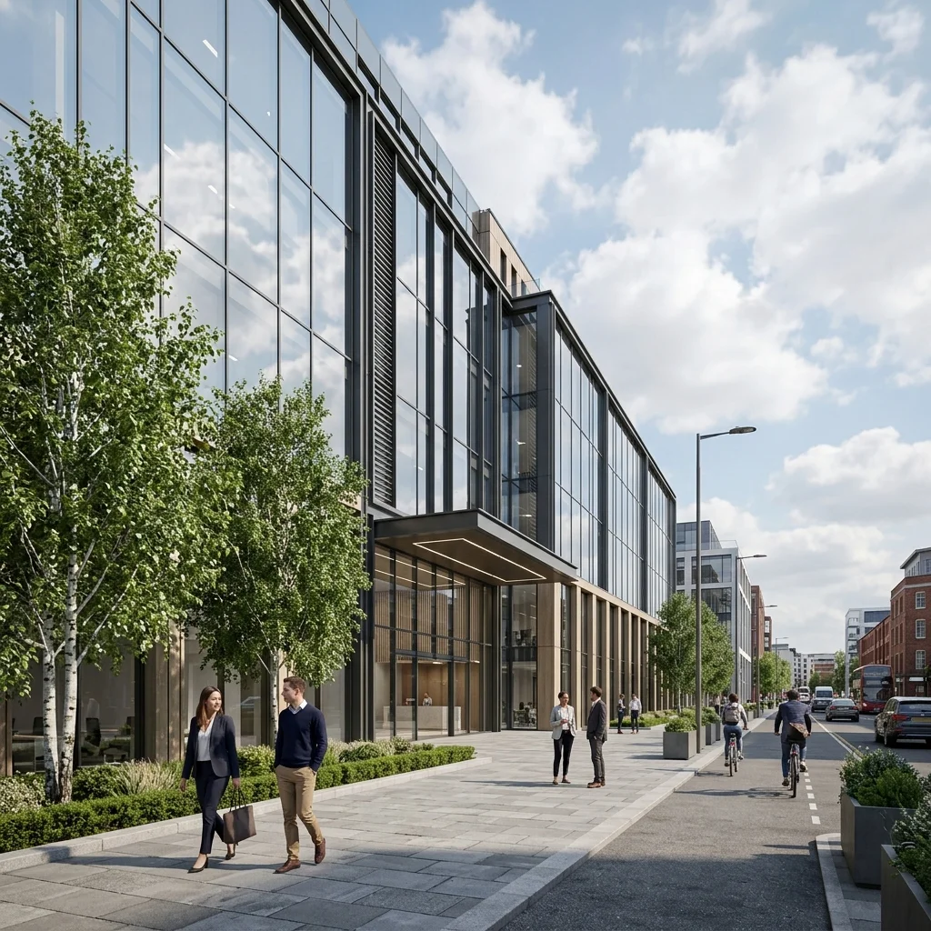 Premium CGI rendering of a modern UK commercial office building with a glass and steel facade