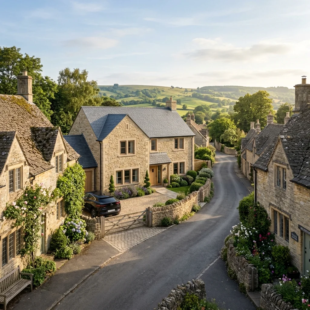 The same Cotswolds village street with a completed modern stone detached house built on the plot