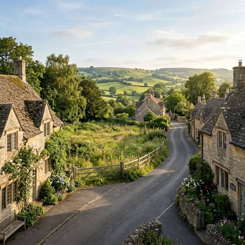 Vacant grassy building plot between historic cottages on a Cotswolds village street