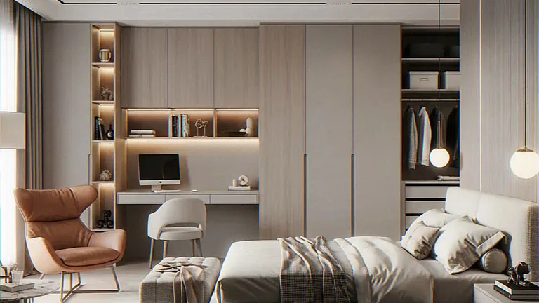 Interior CGI of a prime master bedroom suite, wardrobe wall with lit shelving, integrated desk and bed