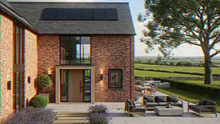 Exterior CGI of a barn conversion terrace with full-height glazing and outdoor seating