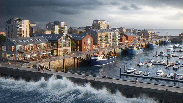 Aerial CGI of a harbour marina development with moored boats under a rainy sky