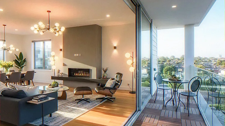 Interior CGI of a high-rise open-plan living room, fireplace wall and sliding doors to a private balcony
