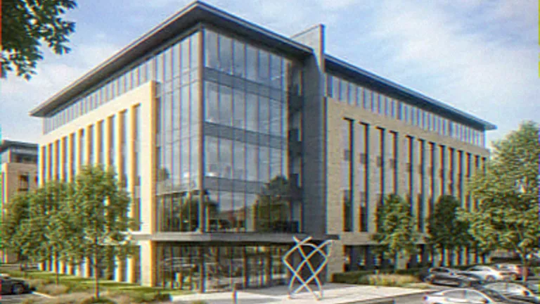 Exterior CGI of a four-storey office building with a glazed corner atrium and entrance sculpture