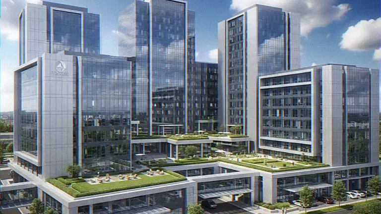 Aerial CGI of an office campus with glazed towers and landscaped roof podiums