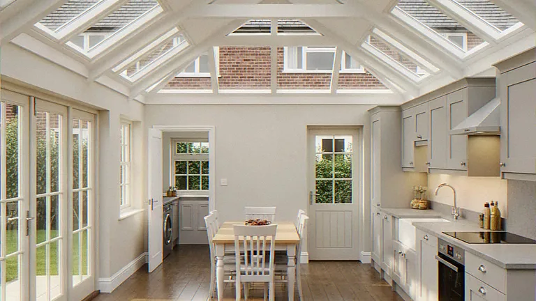 Extension CGI of an orangery kitchen extension, glazed roof lantern over a painted kitchen run