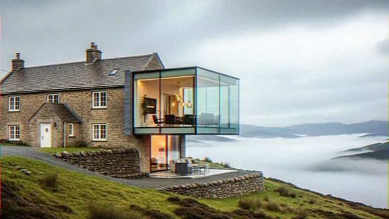 Exterior CGI of a two-storey glass extension on a stone cottage above a drystone retaining wall