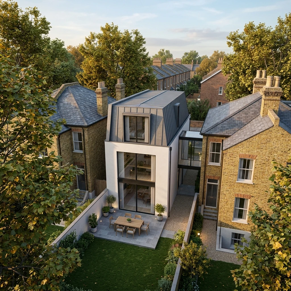 Photoreal aerial exterior CGI of a contemporary residential scheme among traditional UK houses