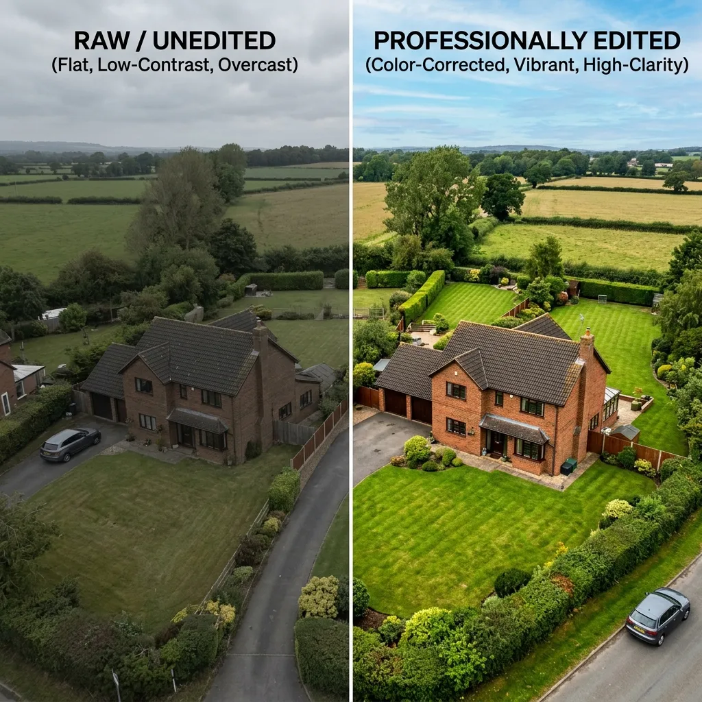 Split screen of raw versus professionally edited drone photography