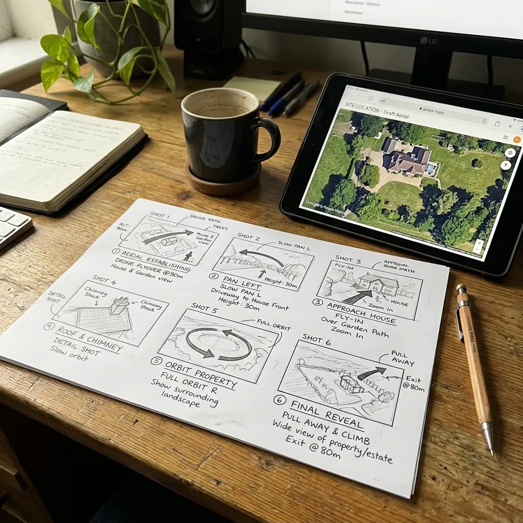 Hand-sketched drone video storyboard with flight paths and shot notes
