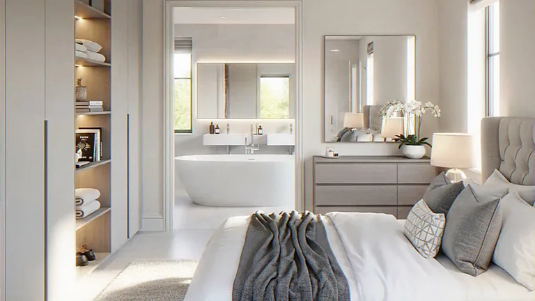 Interior CGI of a bedroom looking through to an open ensuite with a freestanding bath