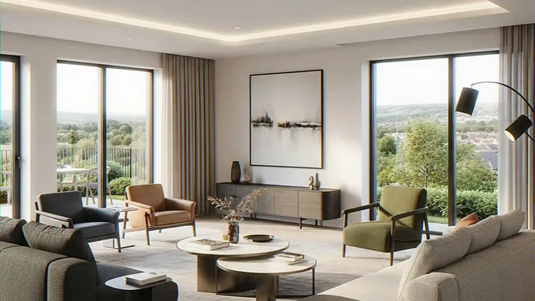 Interior CGI of a living room with sliding glass doors open to countryside