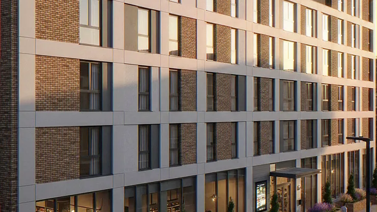 Exterior CGI of a residential block with concrete cladding and ground-floor cafe units