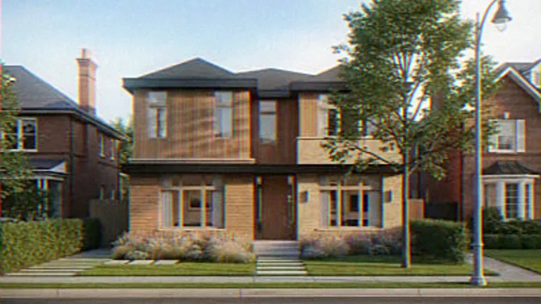 Exterior CGI of a timber-clad contemporary house between traditional brick neighbours