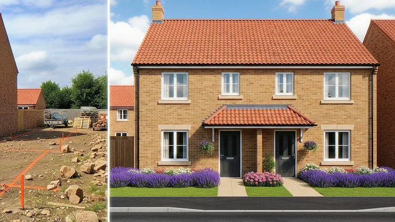Split CGI of a building plot before construction beside the finished house on the same plot
