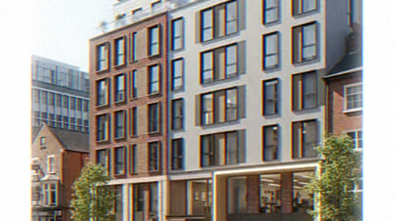 Exterior CGI of a seven-storey corner block with a rooftop glass terrace