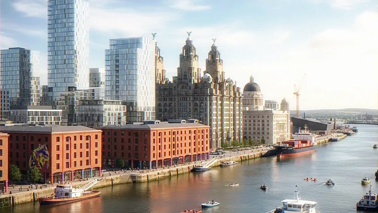 Aerial CGI of the Liverpool waterfront with dock warehouses and the Liver Building
