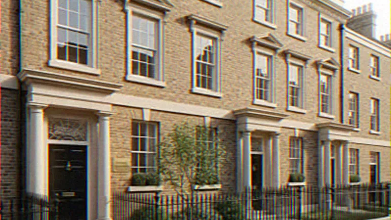 Exterior CGI of Georgian townhouses with white porticos and sash windows