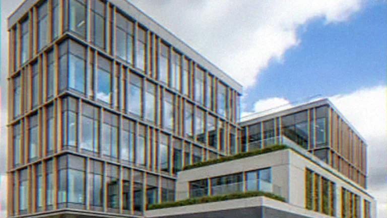 Exterior CGI of an office block with timber louvres and a cantilevered upper storey