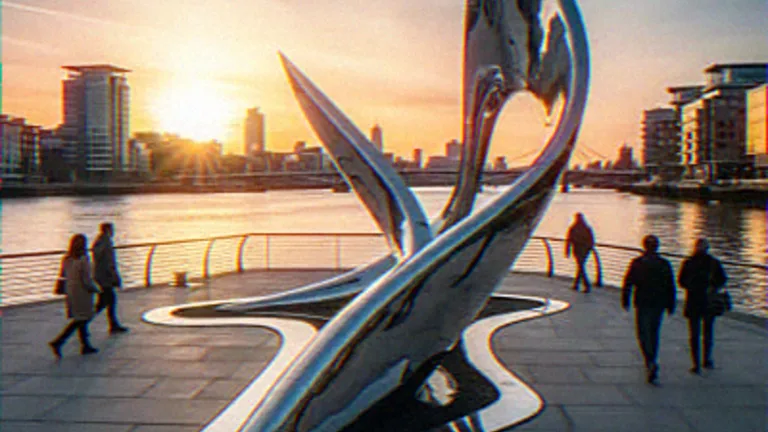 Exterior CGI of a polished steel sculpture on a riverside plaza at sunset