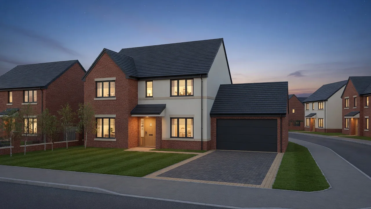 Exterior CGI of a large UK new-build detached house at dusk