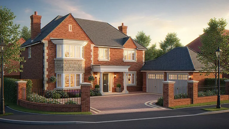 Exterior CGI of a red-brick house with stone quoins and a columned entrance portico