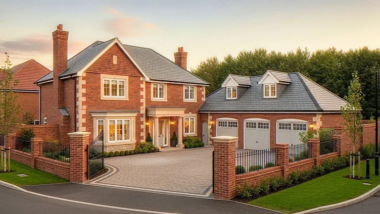 Exterior CGI of a large red-brick house with a columned portico and a three-bay garage