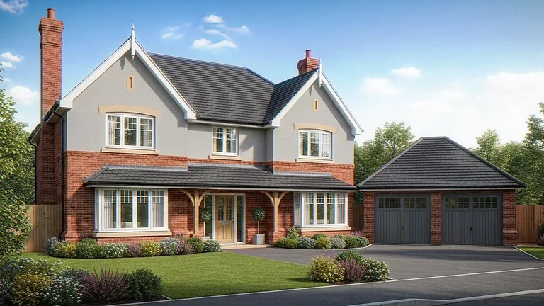 Exterior CGI of a detached house with a timber porch and a separate double garage