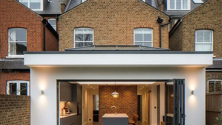 Exterior CGI of a rendered rear extension with bi-fold doors open to the garden