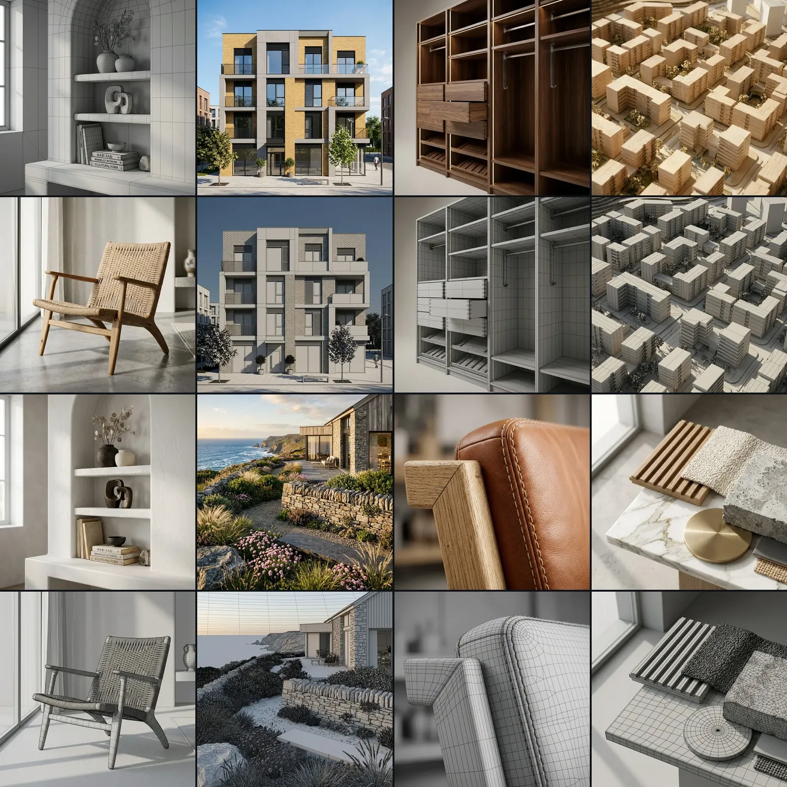 Grid of sixteen architectural 3D modeling examples, renders and wireframes, by VisuArchitect