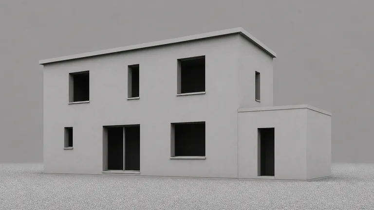 Clay 3D model of the same new-build house, grey untextured massing, three-quarter rear