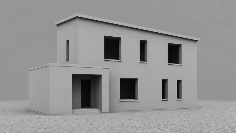 Clay 3D model of a new-build house, grey untextured massing, three-quarter front